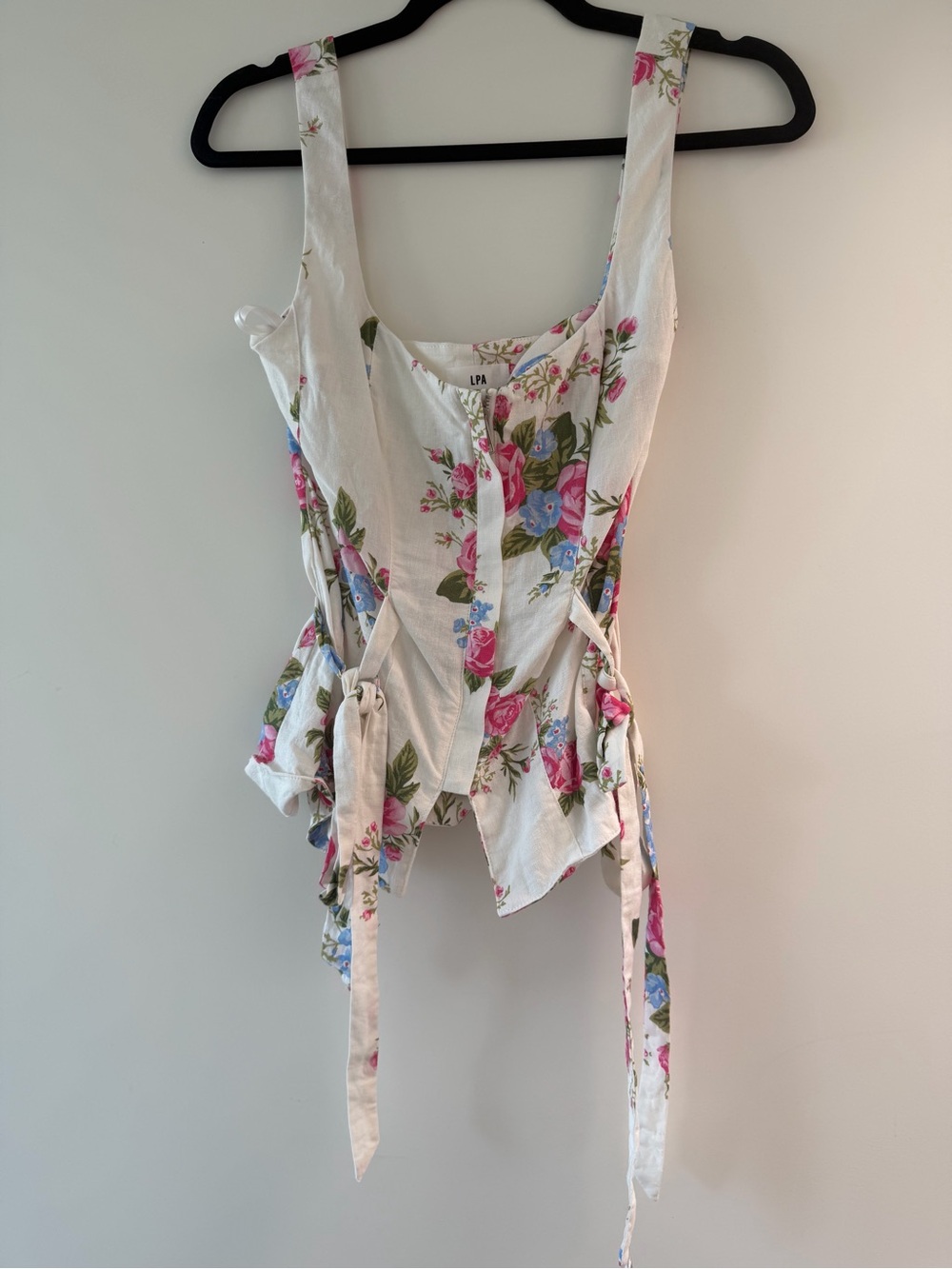 LPA White Floral Tie-Waist Camisole with Pink and Blue Blossoms
